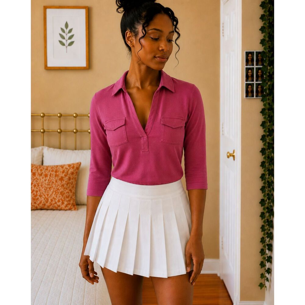Express Magenta Cotton V-Neck Utility Pockets Shirt Size S Preppy Barbiecore